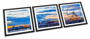 Blackpool Pier Beach Sunset Blue FRAMED ART PRINTS SET Picture Poster Square - Picture 1 of 5