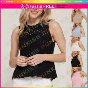 Women Cotton Round Neck Sleeveless Crochet Spring Crewneck Pullover Sweater Top - Picture 1 of 22