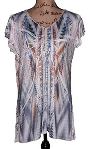 One World - Shiny Stretch Sublim Tribal Print Cap Sleeve Beaded Tunic - Size PXL - Picture 1 of 3
