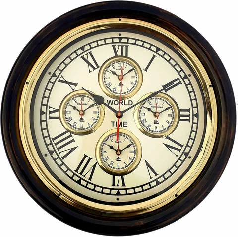 Vintage Style Wooden & Brass Wall Clock with Five World Time Clocks Wall Decor Cover