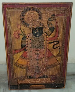 Antique Collectible Painted Shrinathji Krishna Wooden Takhti Panel Wall Decor - Picture 1 of 4