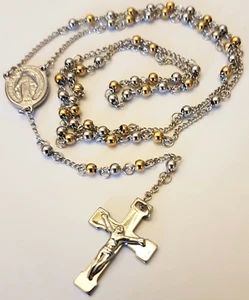 Prayer Rosary 4mm Bead Necklace Jesus Pendant Gold Silver Tone Steel Beads UK - Picture 1 of 3