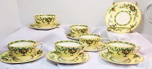 Crown Ducal Set 6 Cups & 7 Saucers Fruit & Blue Urns Floral Mustard Trim - Picture 1 of 6