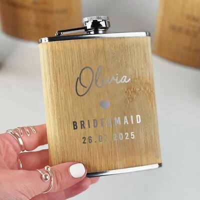 Personalised 6oz Wooden Hip Flask Wedding Party Gift Bridesmaids Bride Canteen - Image 1 of 4