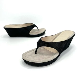 DONALD J PLINER GILLESA Black Shimmer Leather Wedge Sandal Sz. 8 Thong/Post-Toe - Picture 1 of 16