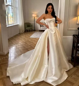 Sweetheart Split A-Line Wedding Dresses Satin Fashion Pearls Princess Bride - Picture 1 of 9