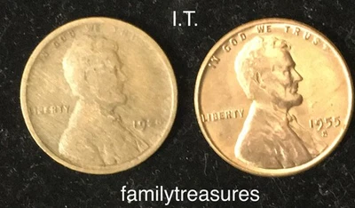 Lot Of Wheat Cents 1955 S/Key Date 1920p Woodie "Rev and Obv Struck Thru Grease  - Image 1 of 4