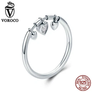VOROCO 925 Sterling Silver heart Dangle Charm Band Rings Xmas Gifts for Girls