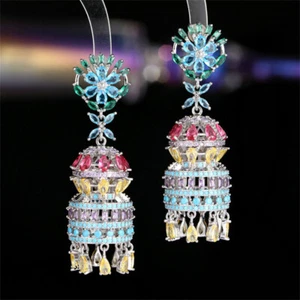 Indian Jhumka Bollywood Crystal Beads Tassel Bell Drop Dangle Earrings Wedding - Picture 1 of 20