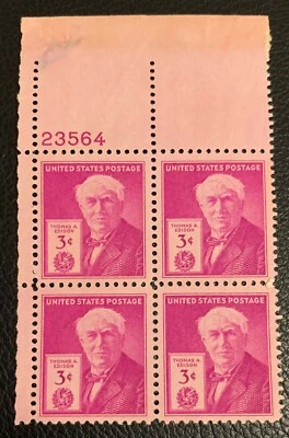 1947 US SCOTT #945 THOMAS EDISON 3CENT PLATE BLOCK OF 4 OG UNUSED VF SEE SCANS - Image 1 of 4