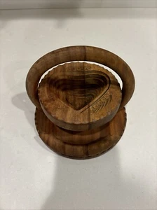 Vintage Hand Carved Collapsible Folding Wood Basket Bowl Heart - Picture 1 of 5
