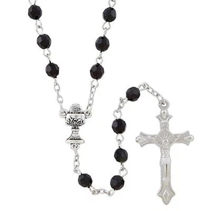 First Communion Black Faceted Prayer Bead Rosary with Case 20 in L Pack of 10 - Picture 1 of 3