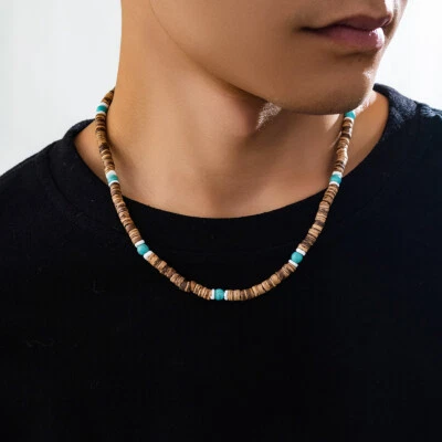 Men's Turquoise Wood Bead Coconut Shell Necklace Unique Hip-hop Collarbone Chain Foto 1 de 4
