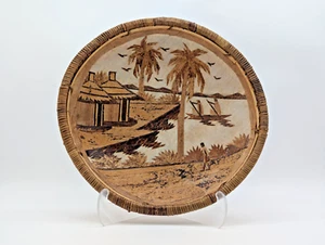 Vintage Malawi Straw Hanging Plate Lake Mountains Hut Palms Paddling Boat Birds - Picture 1 of 4