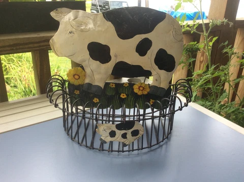 Decorative Pig Wire Basket, Hand painted , Cow Colors, Country Vintage Cover