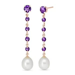 14K. GOLD CHANDELIERS EARRINGS WITH AMETHYST & PEARLS - Picture 1 of 9