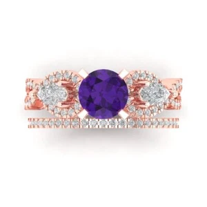 1.925 tcw Round Cut Engagement Ring + Wedding Band, Natural Gem Rose Gold - Picture 1 of 40