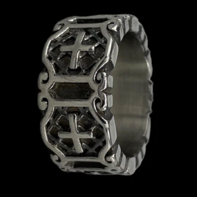 Anello da uomo color argento nero fascetta croce di Gesù tema religione elegante - Immagine 1 di 4