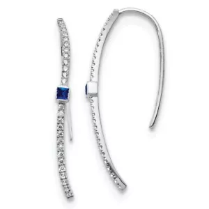 14K Solid White Gold Diamond Blue Sapphire Dangle Earrings - Picture 1 of 5