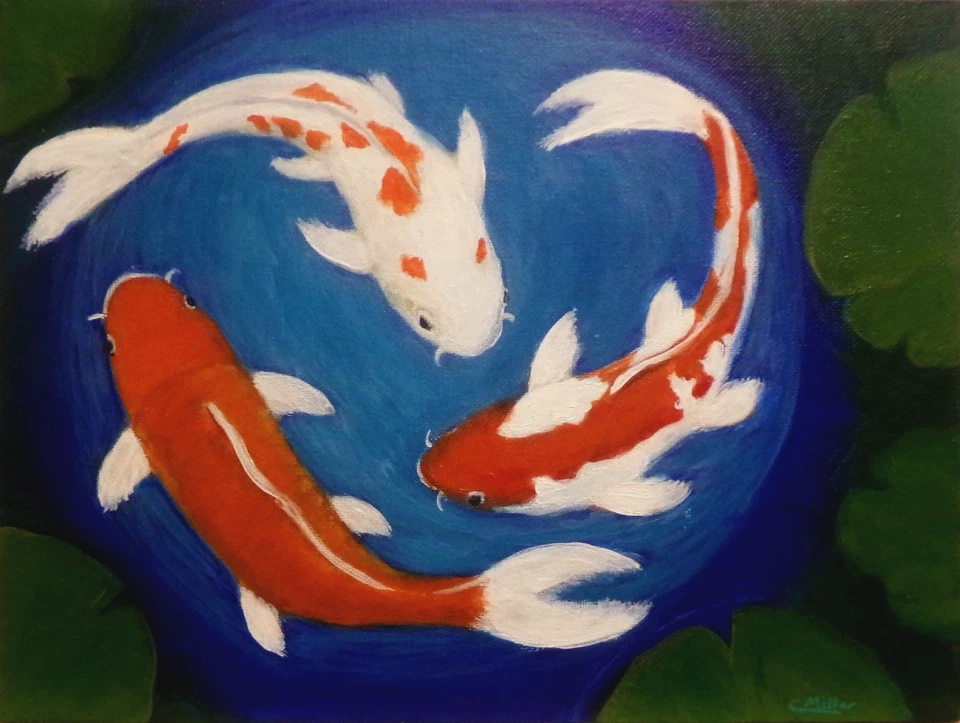 Pintura original de estanque de peces Koi por Chris Miller 9x12 arte de pared decoración firmada Foto 1 de 4