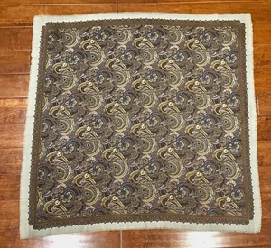 Talbots Taupe Wool Paisley Scarf Fringe Neutral Gray Brown Coral  42" x 42" - Picture 1 of 3