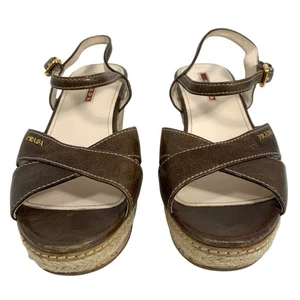 Sandalias de plataforma de cuña de corcho con tiras de cuero marrón PRADA TALLA 37 USADAS EN EXCELENTE ESTADO - Imagen 1 de 9