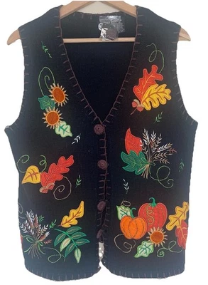 Fall Autumn Theme Sweater Vest M Leaves/Pumpkins/Sunflowers Seasonal Teachers - Image 1 of 4