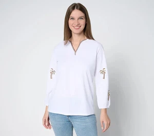Top Bellisima by Kim Gravel Cabana in maglia con perline bordo palmo bianco taglia L A688264 - Foto 1 di 2