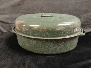 Vintage Enamelware Roasting Pan Oval Green Speckled Enamel Roaster w/Lid USA - Picture 1 of 19