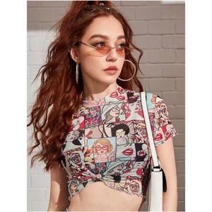 Shein Pop Art Graphic Cropped Top Size S Sheer Lettuce Edges - Picture 1 of 7