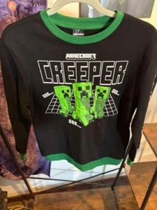 Boys Minecraft Creeper Fleece Pullover Sweatshirt Black & Green Long Sleeve L - Picture 1 of 3