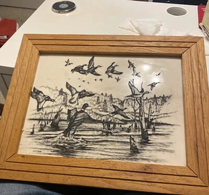 Vintage Ducks in Flight Wildlife W.E. Tipton Marble Etching Art Print Framed EUC - Picture 1 of 10