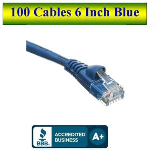 Pack of 100 Cables Snagless 6 inch Cat5e Blue Network Ethernet Patch Cable - Picture 1 of 5