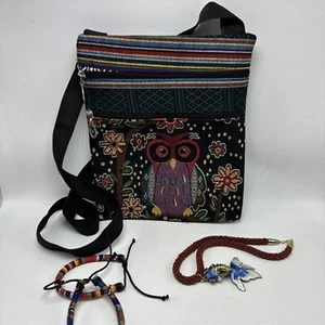 Owl Purse Crossbody Small Bag Boho Hippie + Two Bracelets + Fish Necklace Lot - Picture 1 of 16