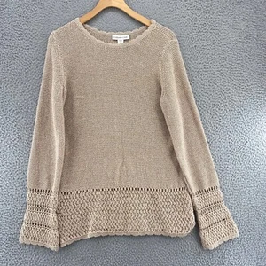 Coldwater Creek Sweater Medium Beige Linen Blend Crochet Scalloped Pullover Knit - Picture 1 of 10