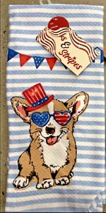 Stars & Stripes PATRIOTIC Corgi July 4th Kitchen Cup Towels Set of 2 -  NWT - Picture 1 of 2