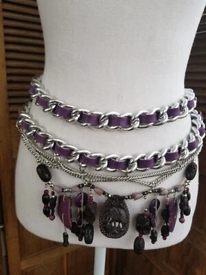 Cinturón Vintage Años 80 Multi Cadenas Pesadas con Madera Tallada Elefante Cuelga Cuentas Púrpura Foto 1 de 4