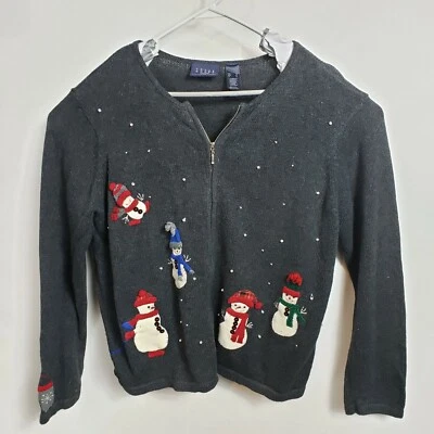 Cardigã feminino Crazy Horse Natal com zíper cinza carvão bonecos de neve inverno tamanho GG - Imagem 1 de 4