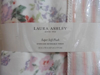 Laura Ashley Super Soft Plush Throw Blanket PINK Floral  50” X 70” Reversible - Image 1 of 3