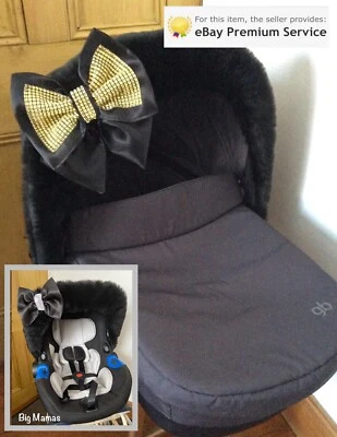 Flauschige schwarze Kunstfell Kapuze Besatz - Bänder & goldene Schleife - Universal - Kinderwagenfell