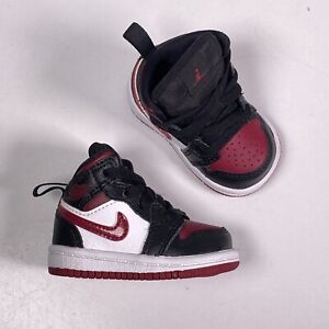 Nike Jordan 1 Mid Black Noble Red White 640735 066 Toddler Baby Sz 2C EUC