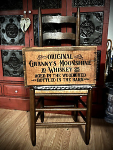Granny's Moonshine Whiskey Vintage Wood Wooden Empty Crate w Leather Handles LG