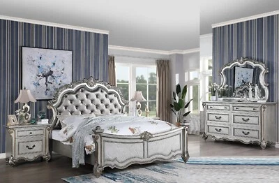 Traditional Luxury King Size Bedroom Set 4pc Silver Finish Carving Wood Design - Image 1 of 4
