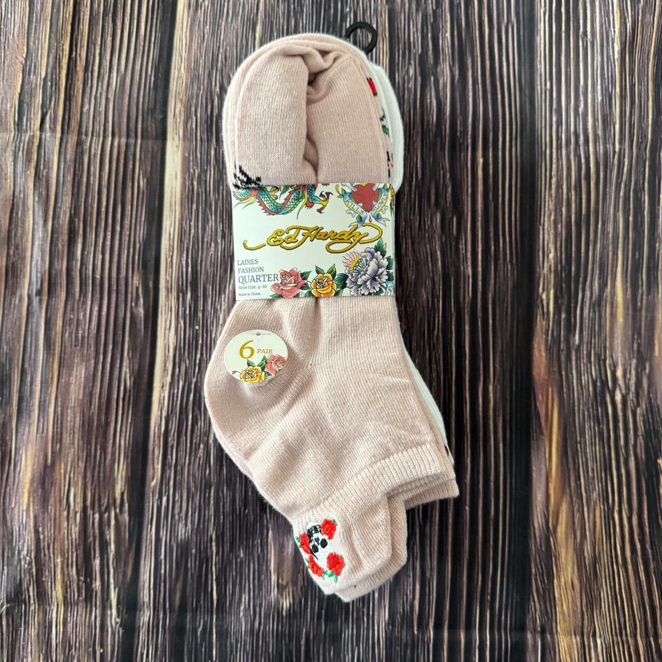 Ed Hardy Mujeres 6 Pares Moda Cuarto Calcetines Zapato 4-10 Patrón Mixto Calavera Foto 1 de 4