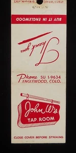 Libro de cerillas John W's Tap Room Englewood CO Arapahoe Co años 50 Colorado - Imagen 1 de 2