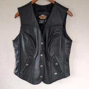 VTG Harley Davidson Leather Vest Womens L Black Biker Riding Snap Button USA - Picture 1 of 16