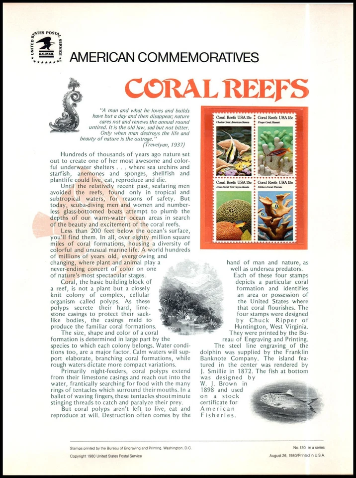 1980 Coral Reefs elkhorn chalice CP130 commemorative panel 130 MNH Sc 1830a - Image 1 of 1