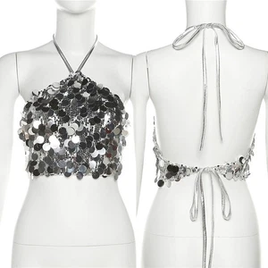 Glittering Silver Sequin Shining Women's Slim Fit Tank Top with Halter Neck - Picture 1 of 36