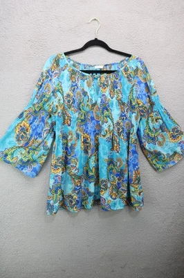 Spense 3/4 Bell Sleeve Stretchy Acordian Style Tunic-1X-Paisley-BOHO-Flowy - Image 1 of 4