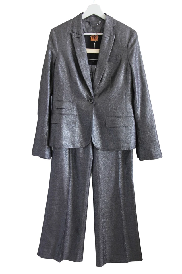 Traje Pantalón Tory Burch Talla 8/10 Chaqueta Pantalones Gris Metálico Brillante 2 Piezas Conjunto Foto 1 de 4